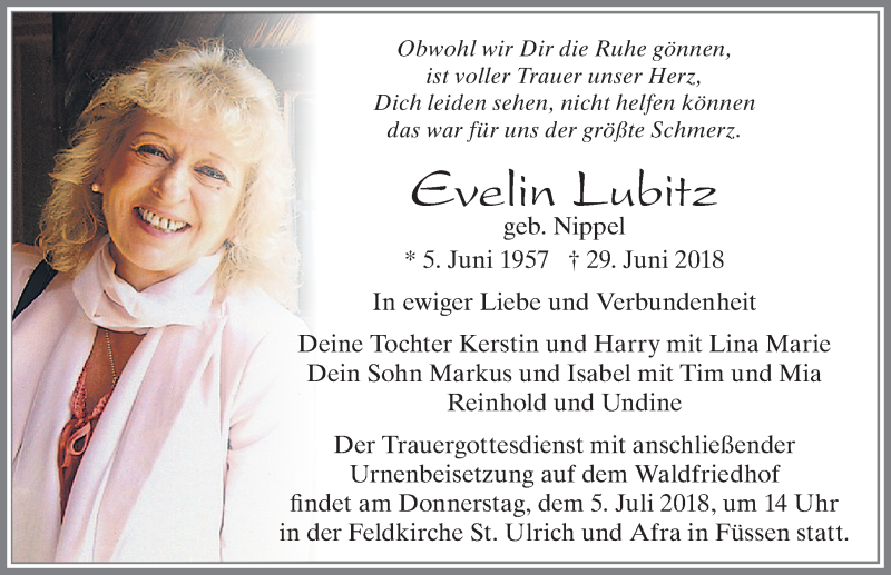  Traueranzeige für Evelin Lubitz vom 03.07.2018 aus Allgäuer Zeitung, Füssen