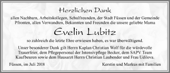 Traueranzeige von Evelin Lubitz von Allgäuer Zeitung, Füssen