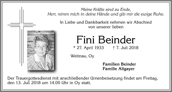 Traueranzeige von Fini Beinder von Allgäuer Zeitung,Kempten