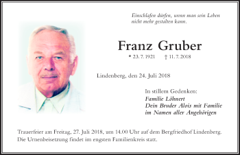 Traueranzeige von Franz Gruber von Der Westallgäuer
