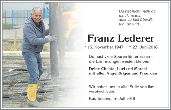 Traueranzeige von Franz Lederer von Allgäuer Zeitung, Kaufbeuren/Buchloe