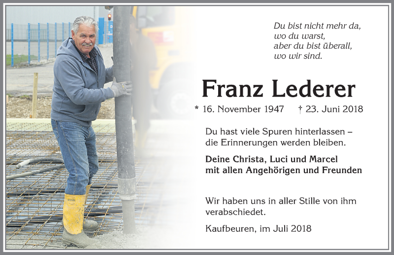  Traueranzeige für Franz Lederer vom 07.07.2018 aus Allgäuer Zeitung, Kaufbeuren/Buchloe