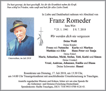 Traueranzeige von Franz Romeder von Allgäuer Zeitung, Füssen