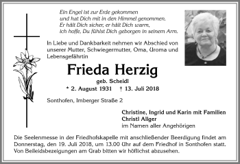 Traueranzeige von Frieda Herzig von Allgäuer Anzeigeblatt