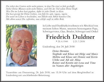 Traueranzeige von Friedrich Duldner von Der Westallgäuer