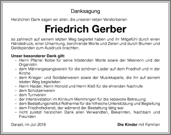 Traueranzeige von Friedrich Gerber von Memminger Zeitung