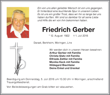 Traueranzeige von Friedrich Gerber von Memminger Zeitung