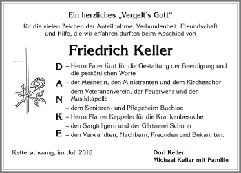 Traueranzeige von Friedrich Keller von Allgäuer Zeitung, Kaufbeuren/Buchloe