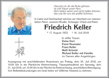 Traueranzeige von Friedrich Keller von Allgäuer Zeitung, Kaufbeuren/Buchloe