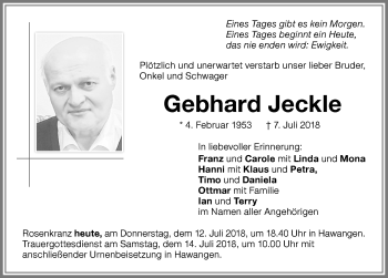 Traueranzeige von Gebhard Jeckle von Memminger Zeitung