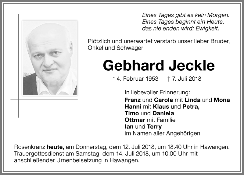  Traueranzeige für Gebhard Jeckle vom 12.07.2018 aus Memminger Zeitung