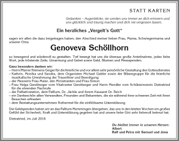 Traueranzeige von Genoveva Schöllhorn von Memminger Zeitung
