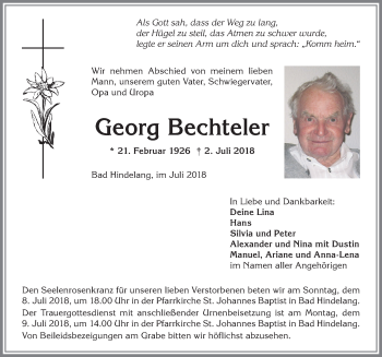 Traueranzeige von Georg Bechteler von Allgäuer Anzeigeblatt