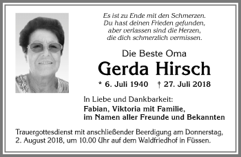 Traueranzeige von Gerda Hirsch von Allgäuer Zeitung, Füssen