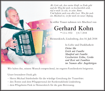 Traueranzeige von Gerhard Kohn von Der Westallgäuer