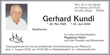 Traueranzeige von Gerhard Kundi von Allgäuer Zeitung, Kaufbeuren/Buchloe