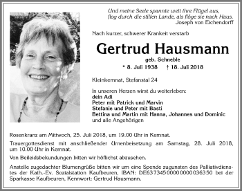 Traueranzeige von Gertrud Hausmann von Allgäuer Zeitung, Kaufbeuren/Buchloe