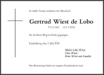 Traueranzeige von Gertrud Wiest de Lobo von Der Westallgäuer