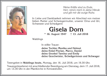 Traueranzeige von Gisela Dorn von Allgäuer Zeitung,Kempten