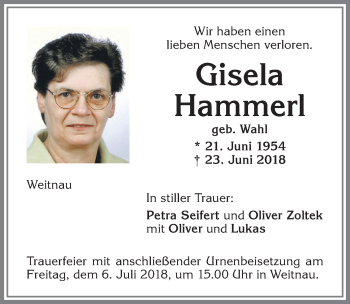 Traueranzeige von Gisela Hammerl von Allgäuer Zeitung,Kempten