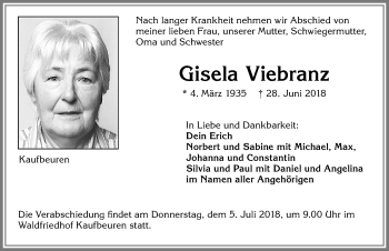 Traueranzeige von Gisela Viebranz von Allgäuer Zeitung, Kaufbeuren/Buchloe