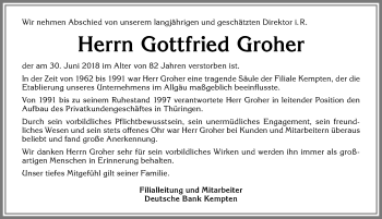 Traueranzeige von Gottfried Groher von Allgäuer Zeitung,Kempten