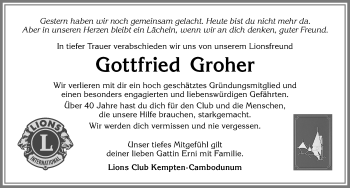 Traueranzeige von Gottfried Groher von Allgäuer Zeitung,Kempten