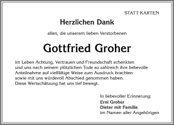 Traueranzeige von Gottfried Groher von Allgäuer Zeitung,Kempten