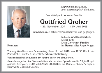 Traueranzeige von Gottfried Groher von Allgäuer Zeitung,Kempten