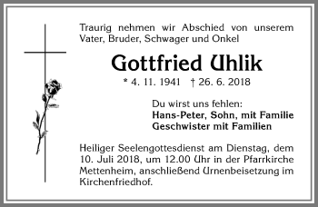 Traueranzeige von Gottfried Uhlik von Allgäuer Zeitung, Marktoberdorf