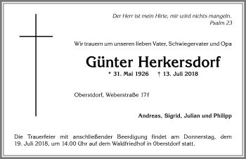 Traueranzeige von Günter Herkersdorf von Allgäuer Anzeigeblatt