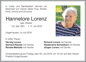 Traueranzeige von Hannelore Lorenz von Memminger Zeitung