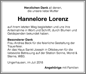 Traueranzeige von Hannelore Lorenz von Memminger Zeitung