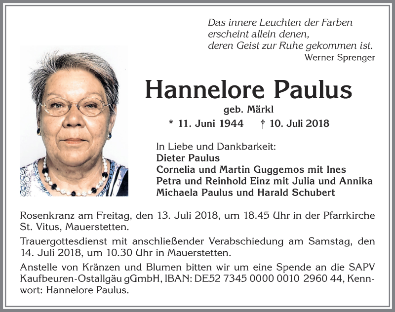  Traueranzeige für Hannelore Paulus vom 12.07.2018 aus Allgäuer Zeitung, Kaufbeuren/Buchloe