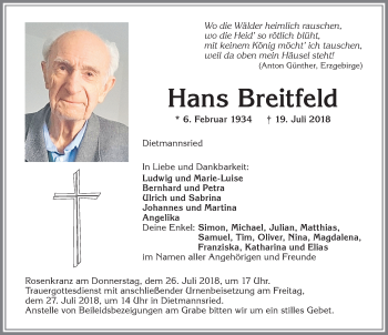 Traueranzeige von Hans Breitfeld von Allgäuer Zeitung,Kempten
