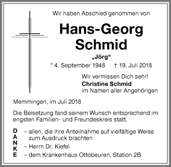 Traueranzeige von Hans-Georg Schmid von Memminger Zeitung