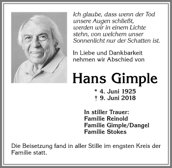 Traueranzeige von Hans Gimple von Allgäuer Zeitung, Kaufbeuren/Buchloe