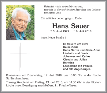 Traueranzeige von Hans Sauer von Allgäuer Zeitung, Kaufbeuren/Buchloe