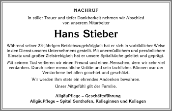 Traueranzeige von Hans Stieber von Allgäuer Anzeigeblatt