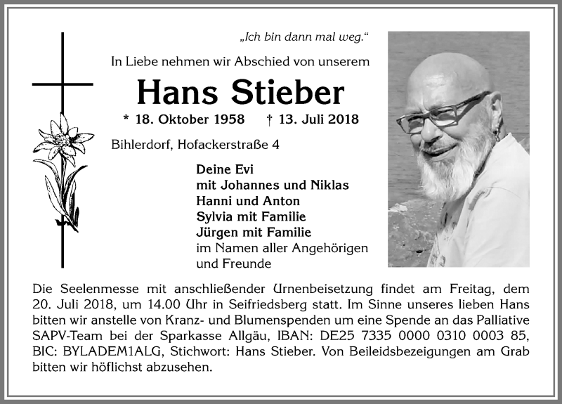 Traueranzeige für Hans Stieber vom 18.07.2018 aus Allgäuer Anzeigeblatt
