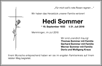 Traueranzeige von Hedi Sommer von Memminger Zeitung