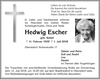 Traueranzeige von Hedwig Escher von Allgäuer Anzeigeblatt