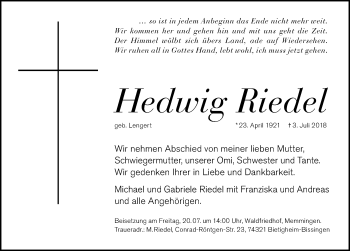 Traueranzeige von Hedwig Riedel von Memminger Zeitung