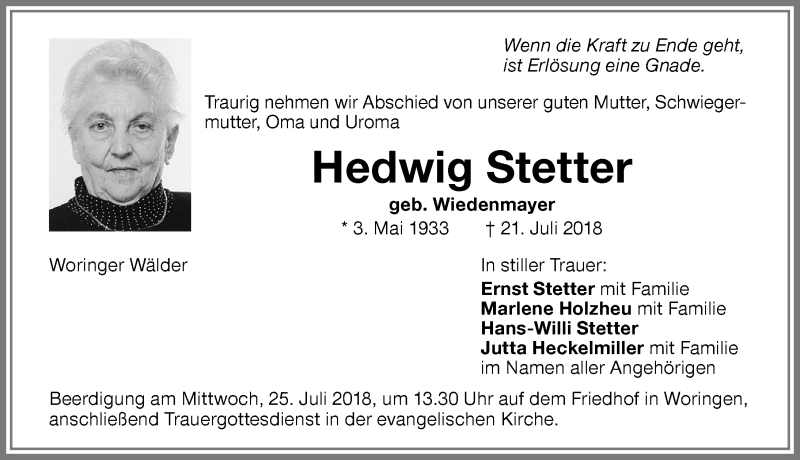  Traueranzeige für Hedwig Stetter vom 24.07.2018 aus Memminger Zeitung