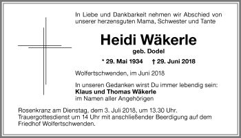 Traueranzeige von Heidi Wäkerle von Memminger Zeitung