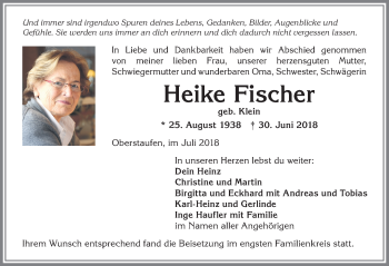 Traueranzeige von Heike Fischer von Allgäuer Anzeigeblatt