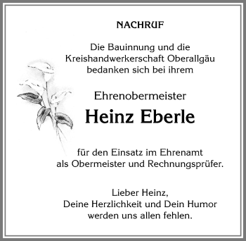 Traueranzeige von Heinz Eberle von Allgäuer Anzeigeblatt