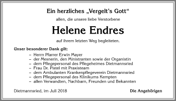 Traueranzeige von Helene Endres von Allgäuer Zeitung,Kempten