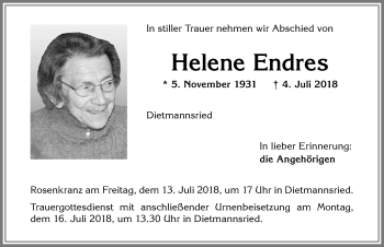 Traueranzeige von Helene Endres von Allgäuer Zeitung,Kempten