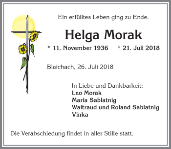 Traueranzeige von Helga Morak von Allgäuer Anzeigeblatt